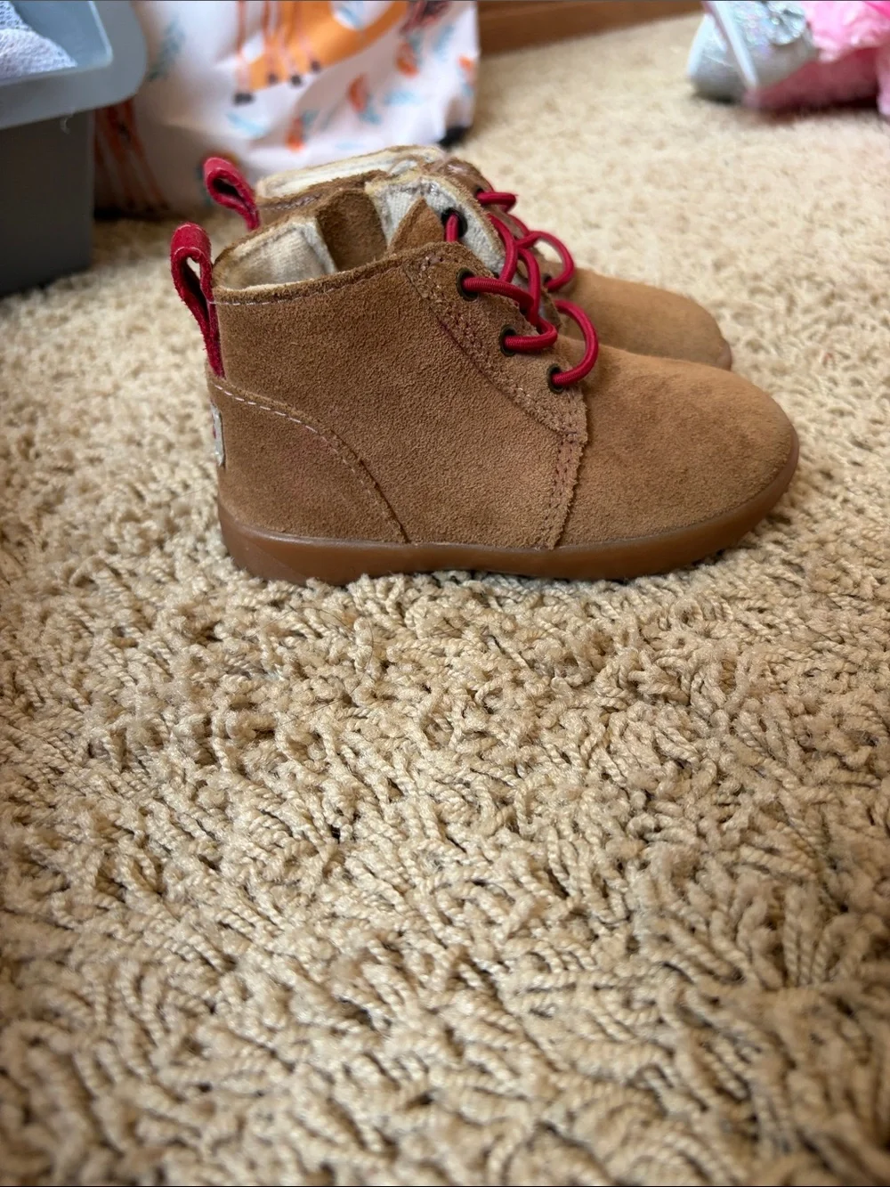 UGG Kids Chestnut Suede Boots with Red Accents